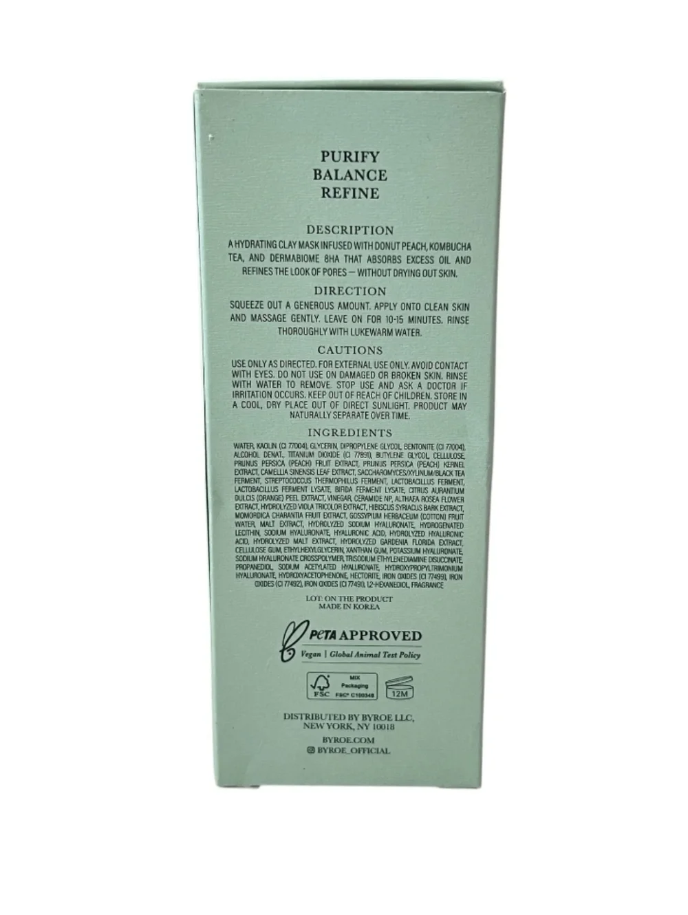 BYROE New York Peach Kombucha Tea, Purifying Clay Mask, 2.82oz (Full Size), NIB
